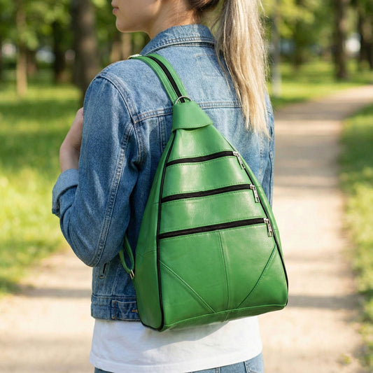 Lederax Hakiki Deri Çok Gözlü Sırt Ve Omuz Çantası LD52 Çim Yeşili