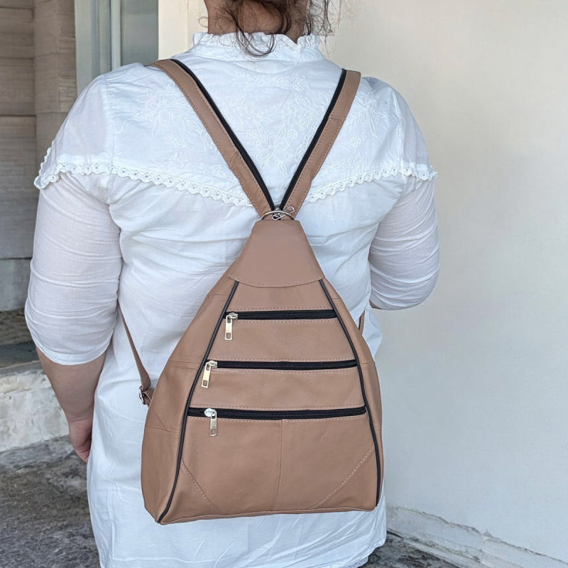 Lederax Hakiki Deri Çok Gözlü Sırt Ve Omuz Çantası LD52 Pudra