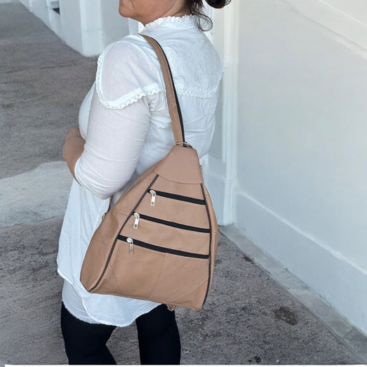 Lederax Hakiki Deri Çok Gözlü Sırt Ve Omuz Çantası LD52 Pudra