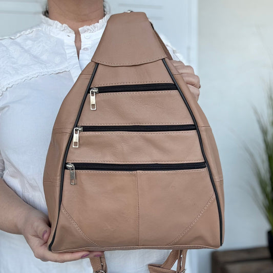 Lederax Hakiki Deri Çok Gözlü Sırt Ve Omuz Çantası LD52 Pudra