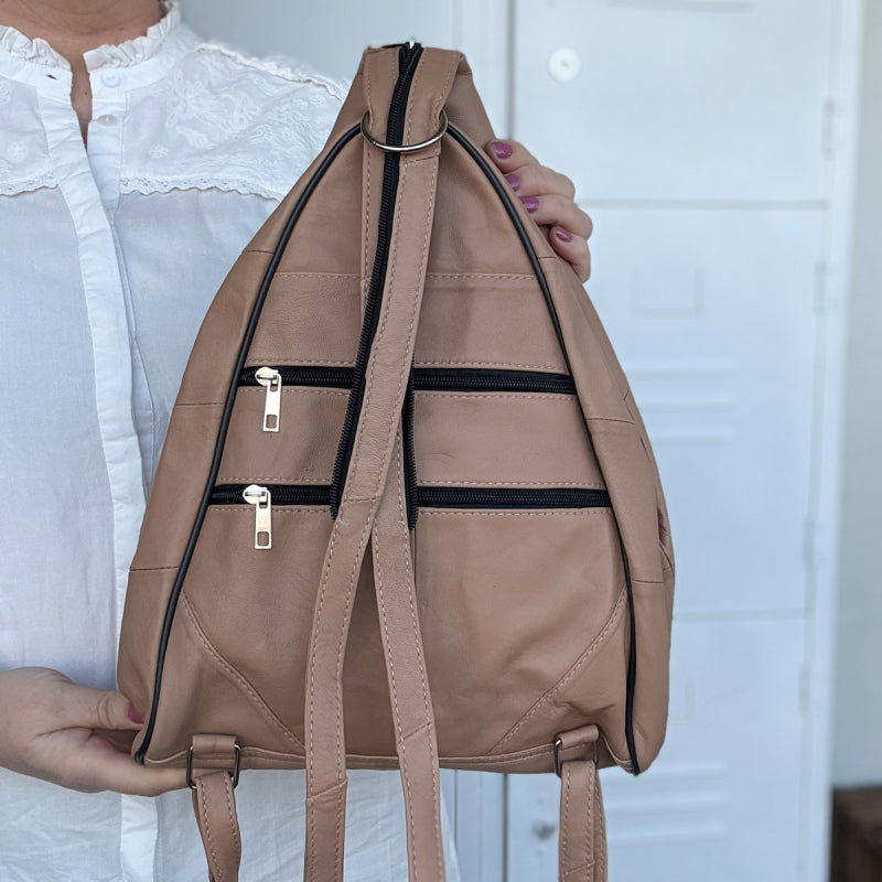 Lederax Hakiki Deri Çok Gözlü Sırt Ve Omuz Çantası LD52 Pudra