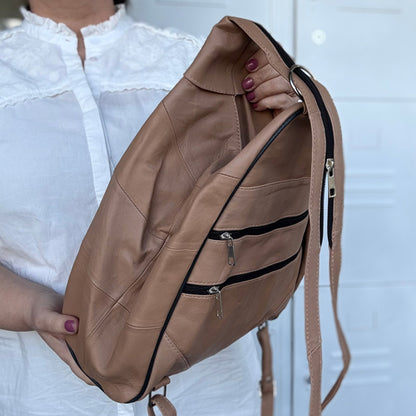 Lederax Hakiki Deri Çok Gözlü Sırt Ve Omuz Çantası LD52 Pudra