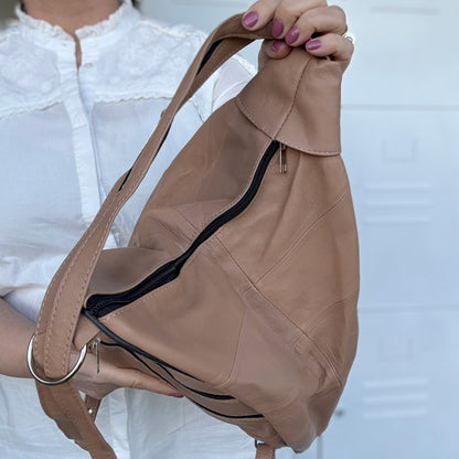 Lederax Hakiki Deri Çok Gözlü Sırt Ve Omuz Çantası LD52 Pudra