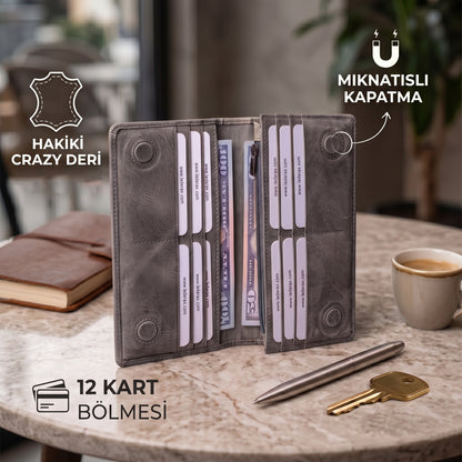 Lederax Eskitme Hakiki Deri Mıknatıslı Telefon Bölmeli Portföy Cüzdan LD628