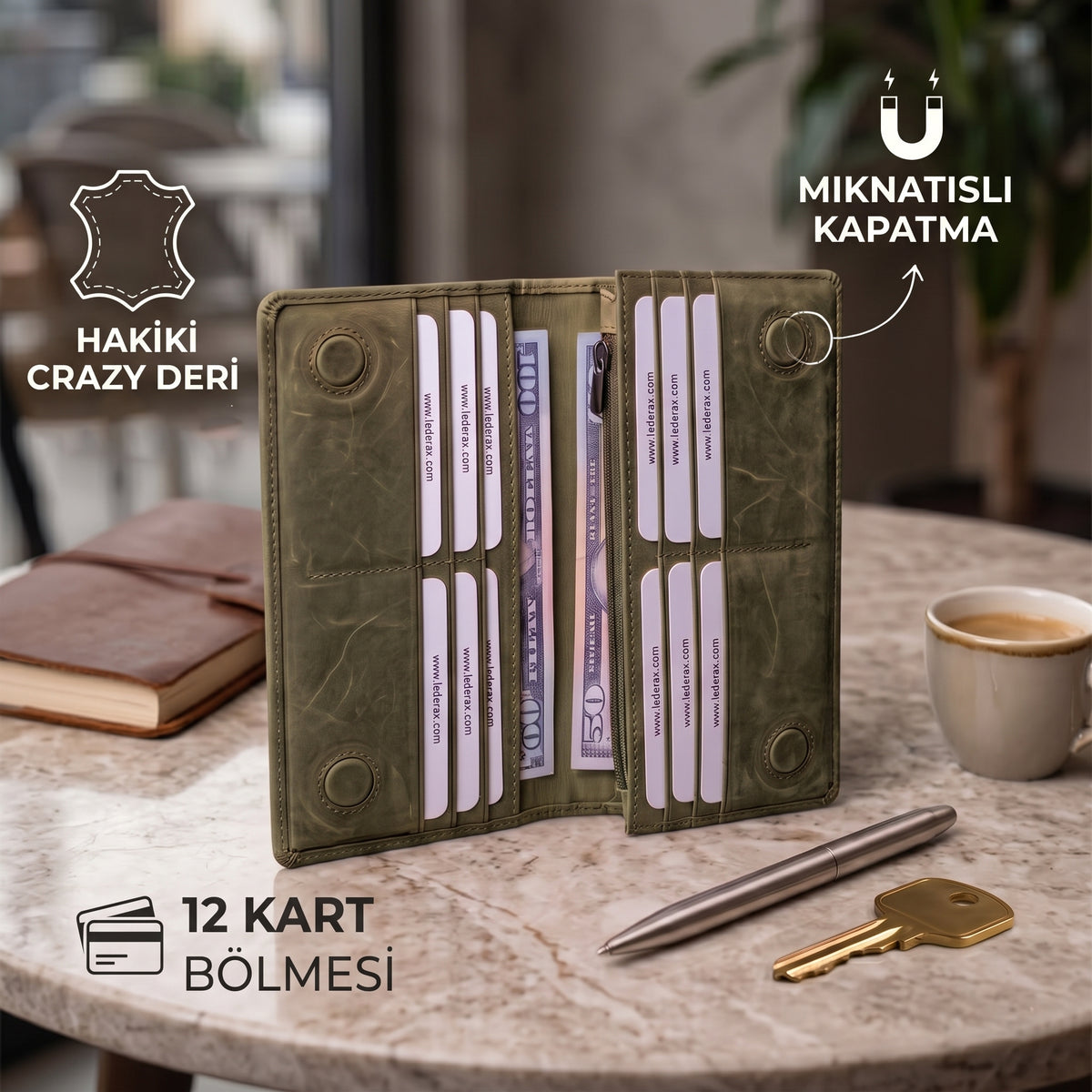 Lederax Eskitme Hakiki Deri Mıknatıslı Telefon Bölmeli Portföy Cüzdan LD628