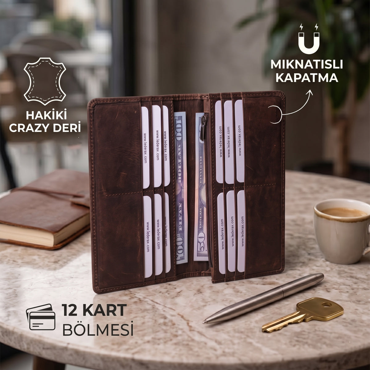 Lederax Eskitme Hakiki Deri Mıknatıslı Telefon Bölmeli Portföy Cüzdan LD628