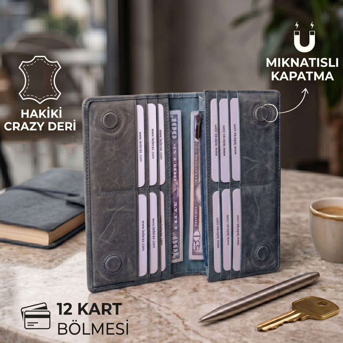 Lederax Eskitme Hakiki Deri Mıknatıslı Telefon Bölmeli Portföy Cüzdan LD628