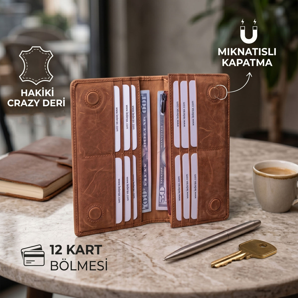 Lederax Eskitme Hakiki Deri Mıknatıslı Telefon Bölmeli Portföy Cüzdan LD628