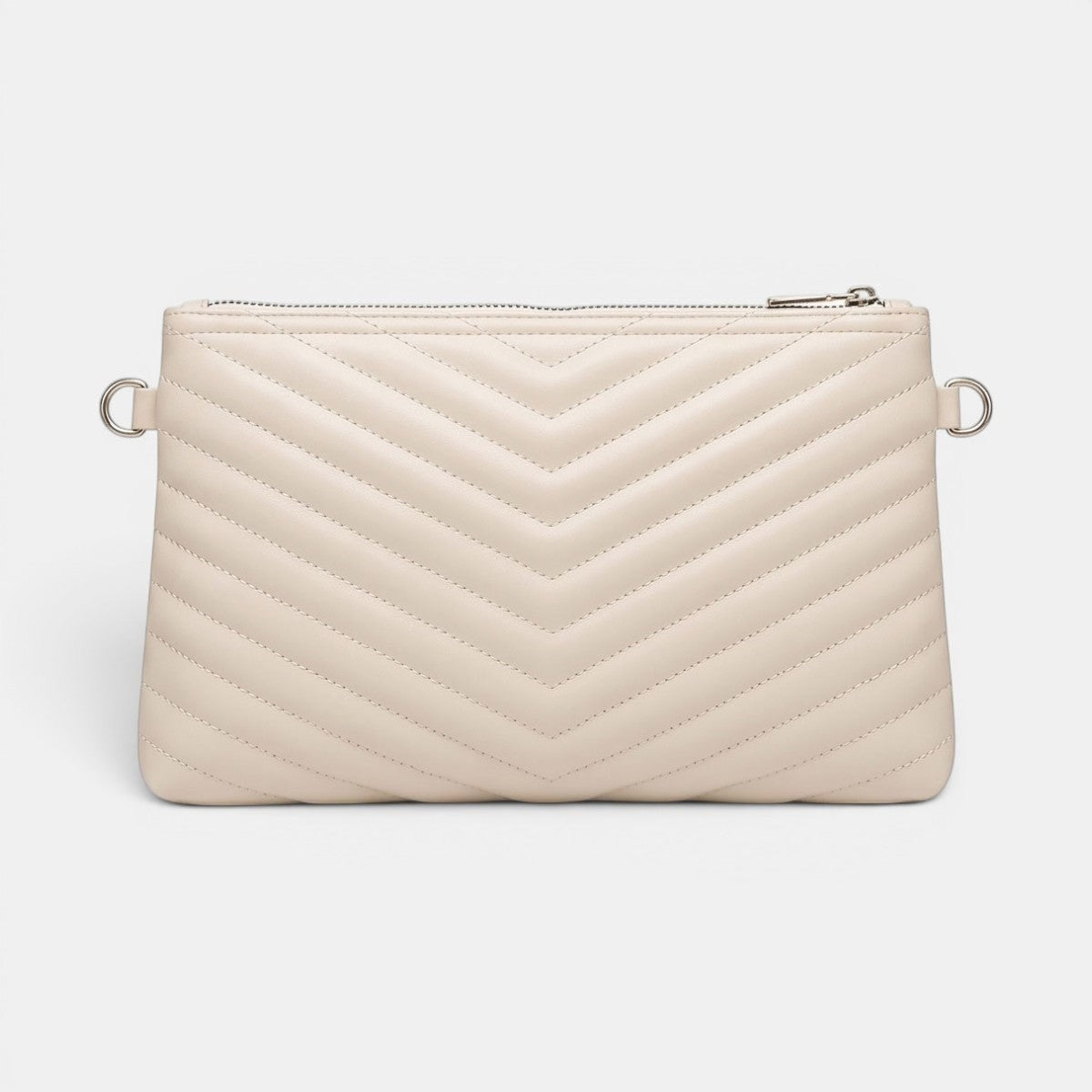 Lederax cream faux leather chevron quilted clutch bag with D-ring details and zip closure.