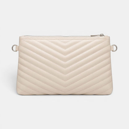 Lederax cream faux leather chevron quilted clutch bag with D-ring details and zip closure.