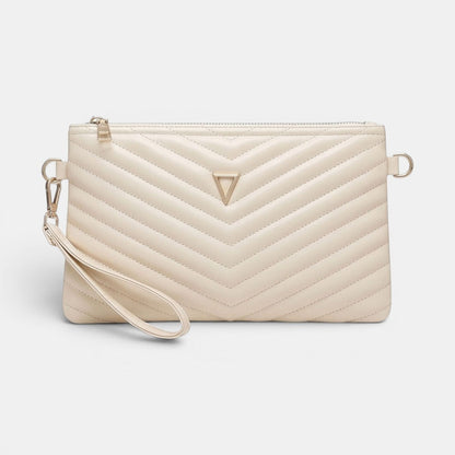 Lederax cream V-quilted faux leather clutch bag with wrist strap and gold triangle detail.
