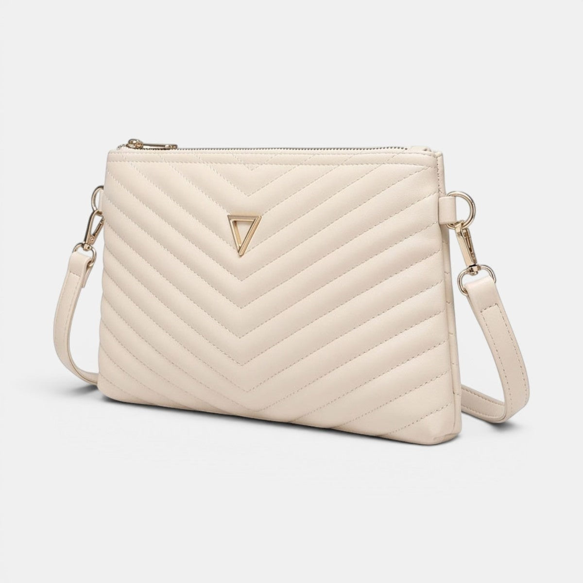 Lederax cream quilted V-chevron faux leather crossbody bag with gold triangle logo and two strap options.