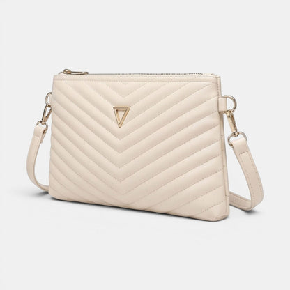 Lederax cream quilted V-chevron faux leather crossbody bag with gold triangle logo and two strap options.